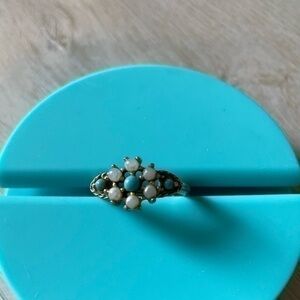 Vintage Avon Turquoise Blue And Faux Pearl Boho Ring | Size 10.5